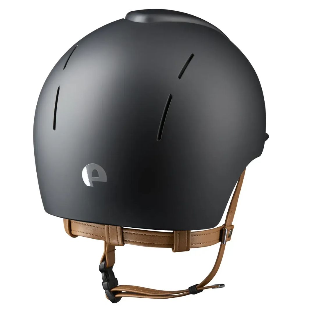 KEP Italia Smart Nova Textile Equestrian Helmet - Black, tan chinstrap; back view on white background | Malvern Saddlery