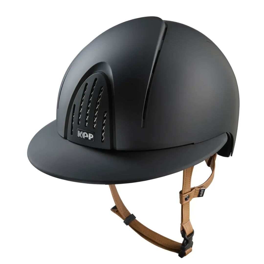 KEP Italia Smart Nova Textile Equestrian Helmet -Polo Brim, Black, tan chinstrap; on white background | Malvern Saddlery