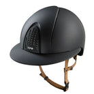 KEP Italia Smart Nova Textile Equestrian Helmet -Polo Brim, Black, tan chinstrap; on white background | Malvern Saddlery