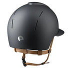 KEP Italia Smart Nova Textile Equestrian Helmet -Polo Brim, Black, tan chinstrap; back view on white background | Malvern Saddlery