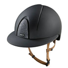 Kep Smart Nova Star Textile Equestrian Polo Brim Helmet - Black with silver star fabric on grill, tan chinstrap on white background | Wide Brim Helmets | Malvern Saddlery