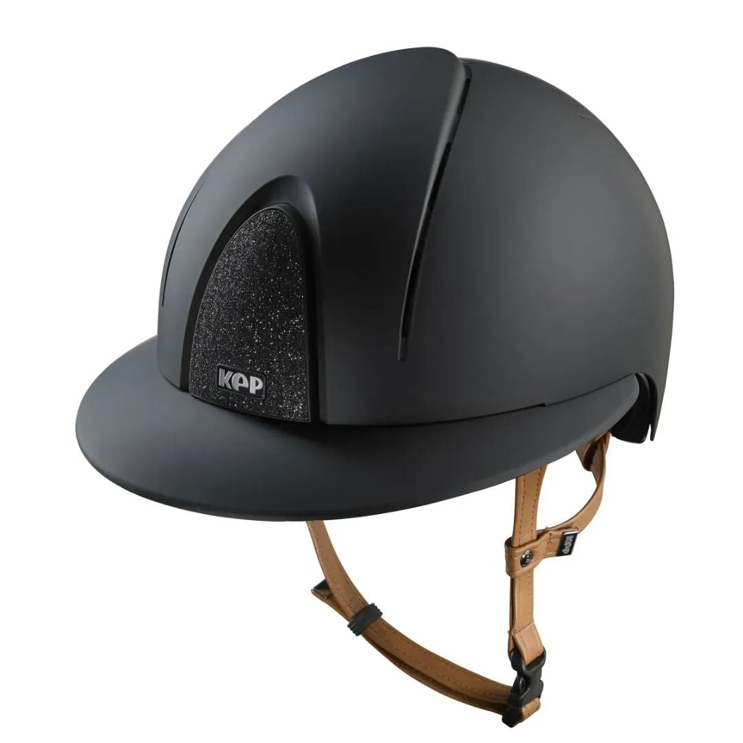 Kep Smart Nova Star Textile Equestrian Polo Brim Helmet - Black with black star fabric on grill, tan chinstrap on white background | Wide Brim Helmets | Malvern Saddlery