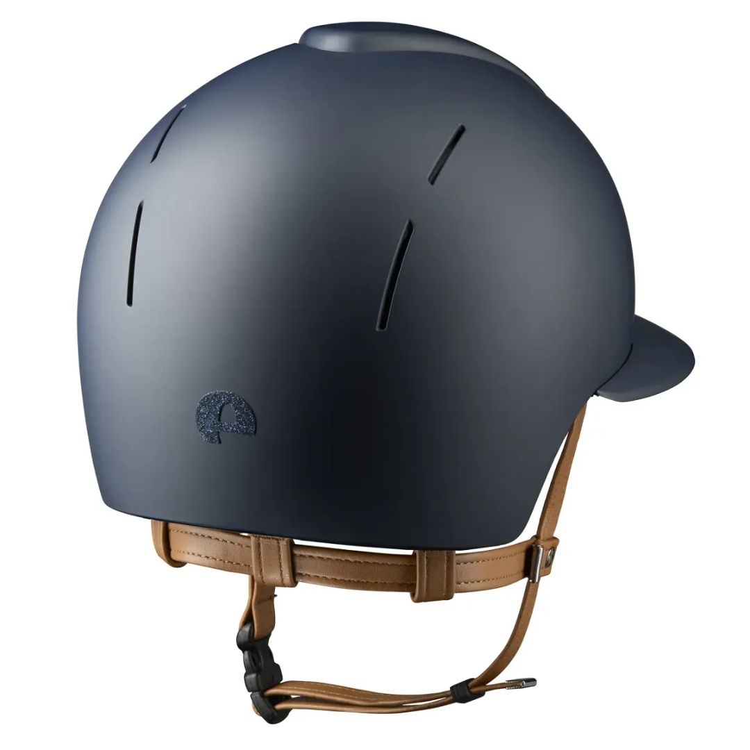 Kep Smart Nova Star Textile Equestrian Polo Brim Helmet - Navy with navy star fabric on grill, tan chinstrap; back view on white background | Wide Brim Helmets | Malvern Saddlery