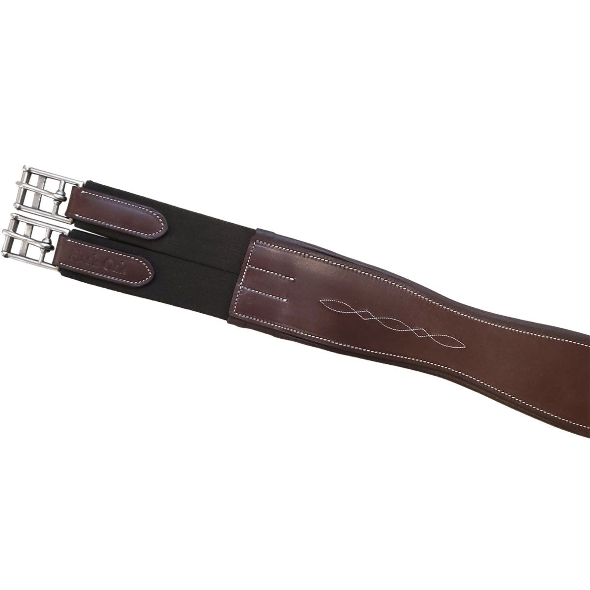 KL Select Black Oak Eco Fancy Stitched Hunter Girth in brown leather with white stitching and stainless steel roller buckles