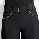 KL Select Women's Gabrielle Full Grip Breeches - Black/Cognac, front waist and pockets on white background | Malvern Saddlery