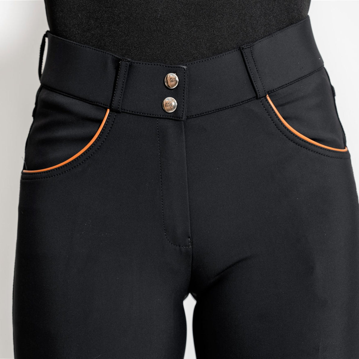 KL Select Women's Gabrielle Full Grip Breeches - Black/Cognac, front waist and pockets on white background | Malvern Saddlery
