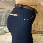 KL Select Women's Gabrielle Full Grip Breeches - Navy/Camel, side view of back zip pocket | Malvern Saddlery