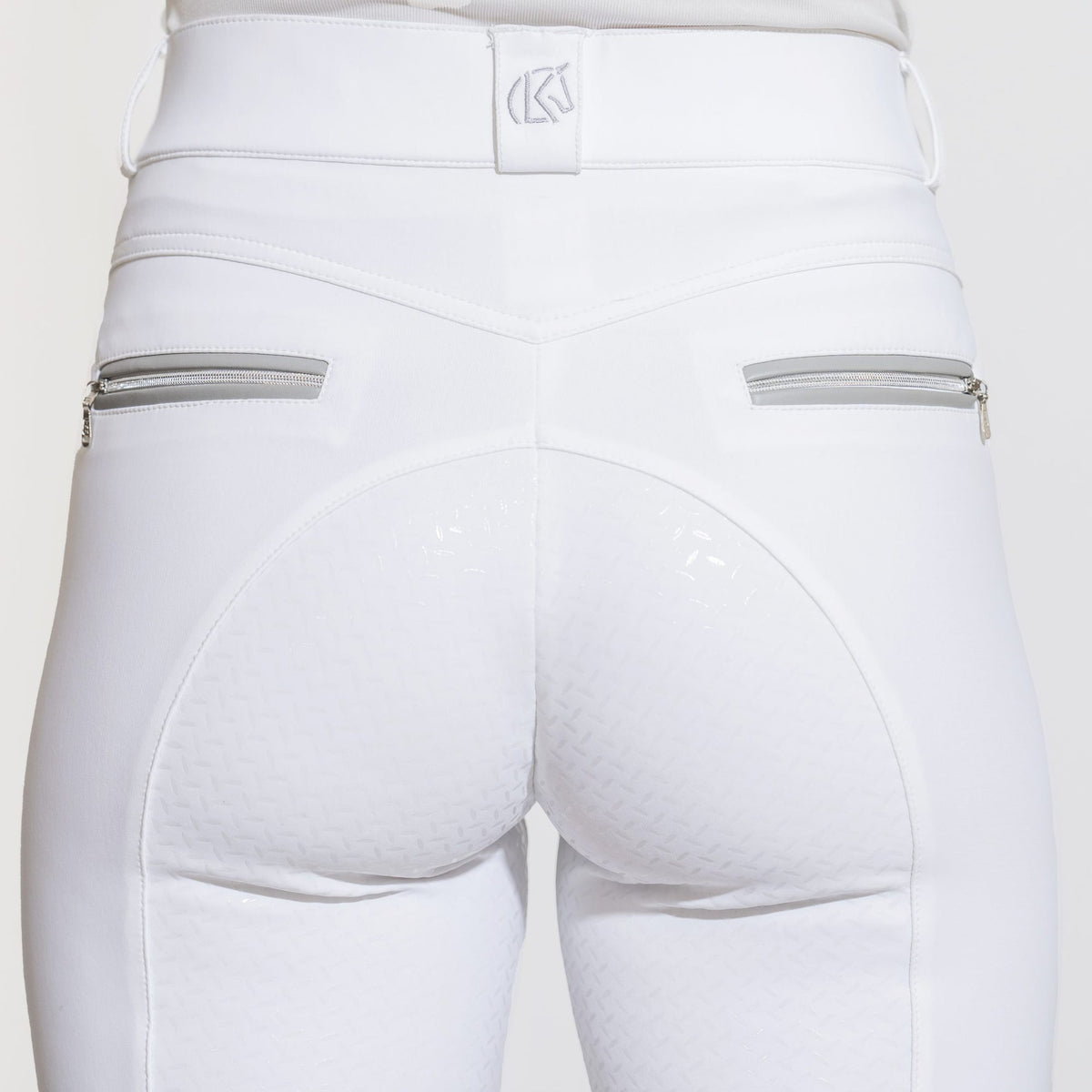KL Select Women's Gabrielle Full Grip Breeches - White/Gray, back view of full seat on white background | Malvern Saddlery