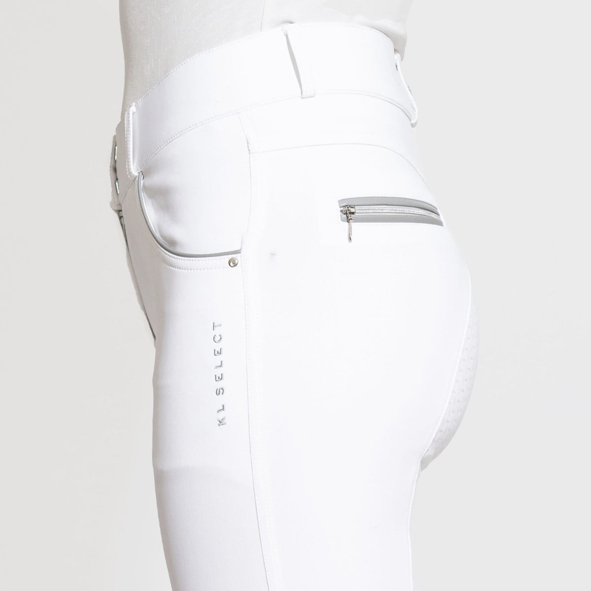 KL Select Women's Gabrielle Full Grip Breeches - White/Gray, side view with gray piping | Malvern Saddlery