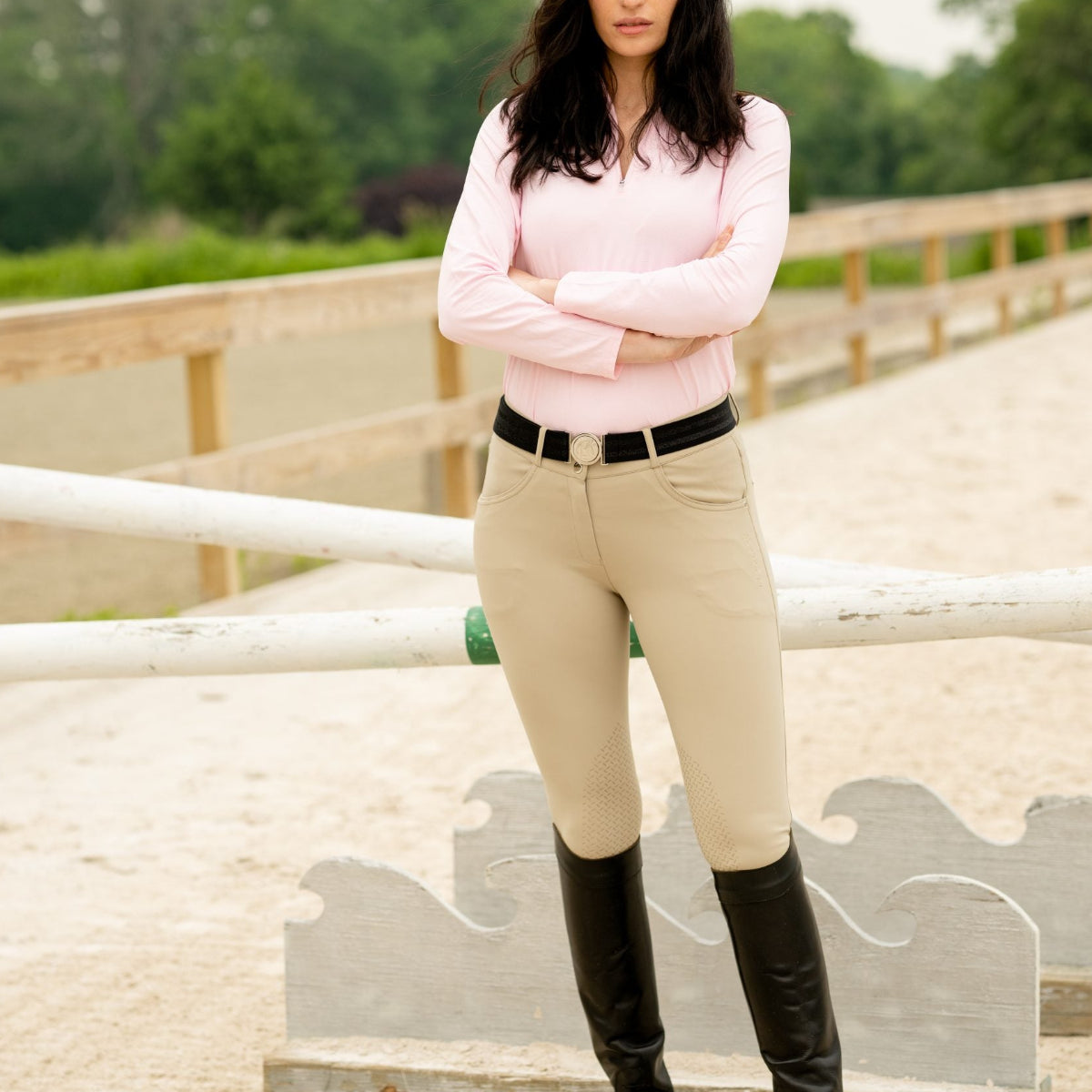 KL Select Women's Gabrielle Knee Grip Breeches - Beige, on model in the arena | Malvern Saddlery