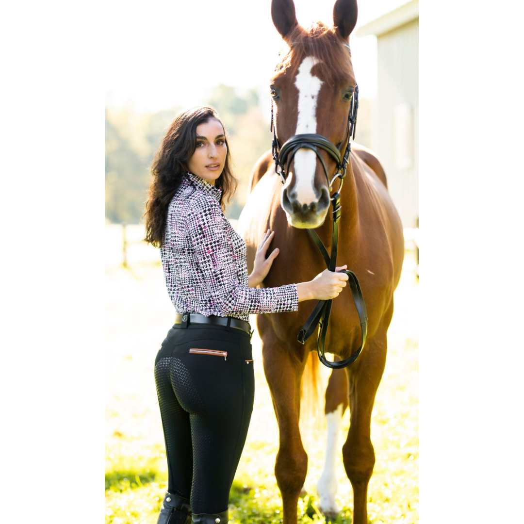 KL Select Gabrielle Full Seat Breeches - Black with Cognac Piping, shown on rider with chestnut horse | Riding Apparel | Malvern Saddlery