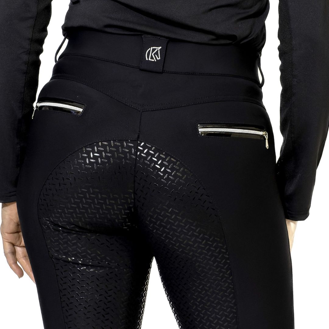 KL Select Gabrielle Full Seat Breeches - Black with Black Patent piping - back close up of waist & seat, shown on woman | Riding Apparel | Malvern Saddlery