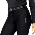 KL Select Gabrielle Breeches - Black with Black Patent piping -left front close up of waist/hips, shown on woman | Riding Apparel | Malvern Saddlery