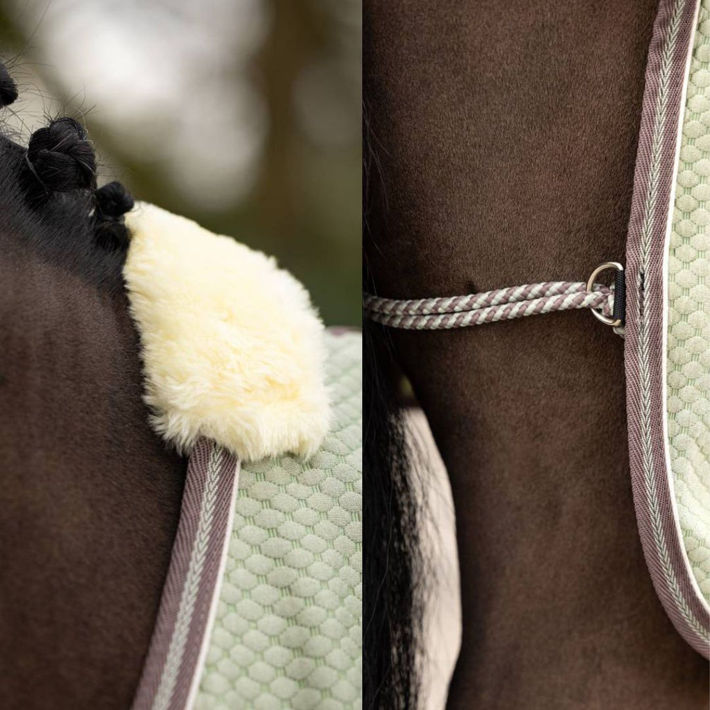 LeMieux Kudos Bamboo Cooler- Fern, tail closure detail & fleece detail | Malvern Saddlery
