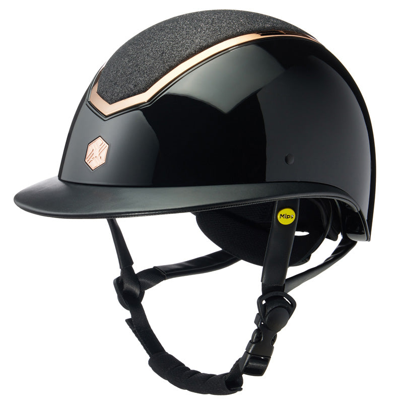 Charles Owen Kylo Helmet in Black Gloss with Rose Gold &amp; Black Sparkle top | Malvern Saddlery