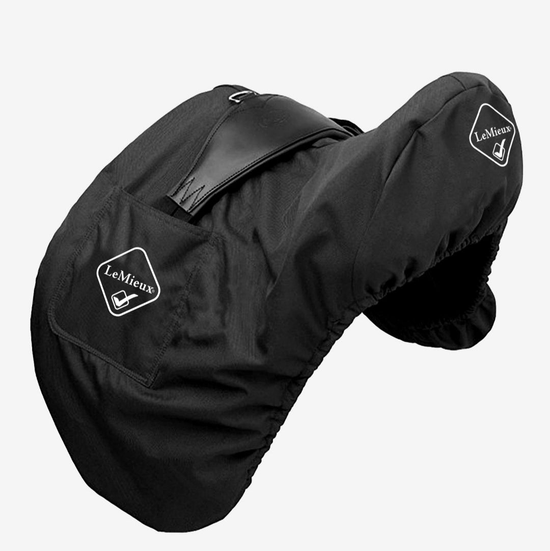 LeMieux  ProKit Saddle Cover - Dressage, Black, shown with girth on white background | Malvern Saddlery