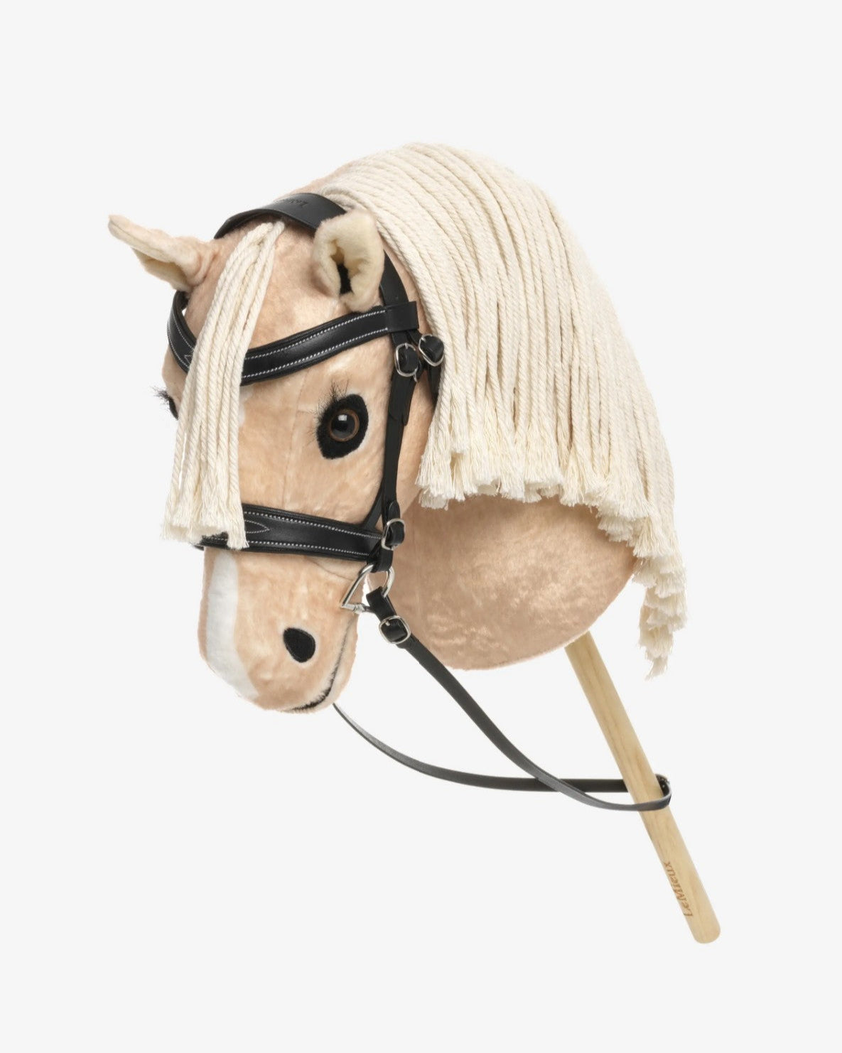 LeMieux Hobby Horse Competition Bridle - Black with White Fancy Stitching, shown on hobby horse | Equestrian Pretend Play | Malvern Saddlery