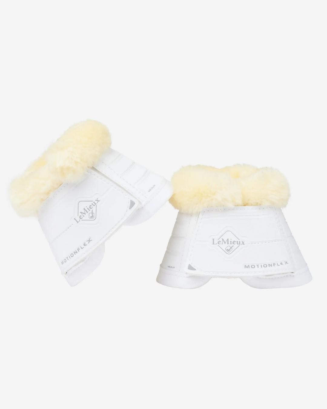 LeMieux Motionflex Fleece Overreach Boot - white - pair shown against white background | Malvern Saddlery