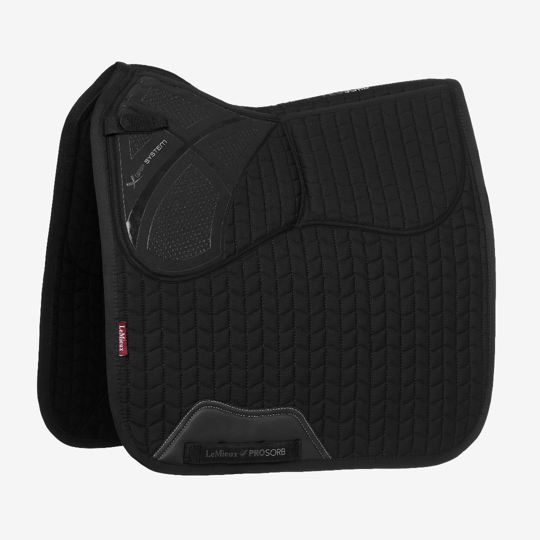 LeMieux ProSorb Plain 2 Pocket Dressage Square Saddle Pad - Black; white background | Tack Shop | Malvern Saddlery