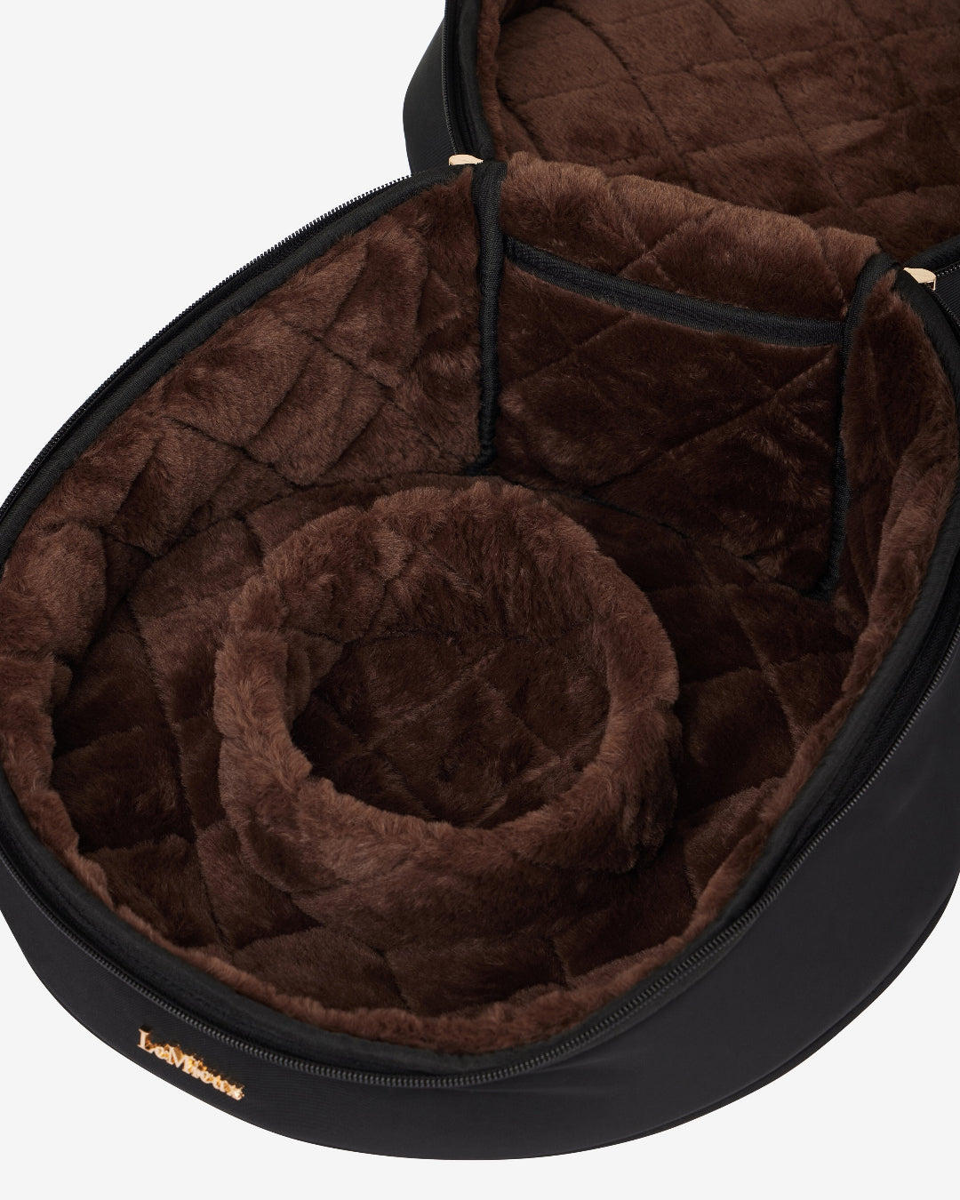 LeMieux Luxe Hat/Helmet Box - Black  - inside view showing brown faux fur lining | Rider Travel Accessories | Malvern Saddlery