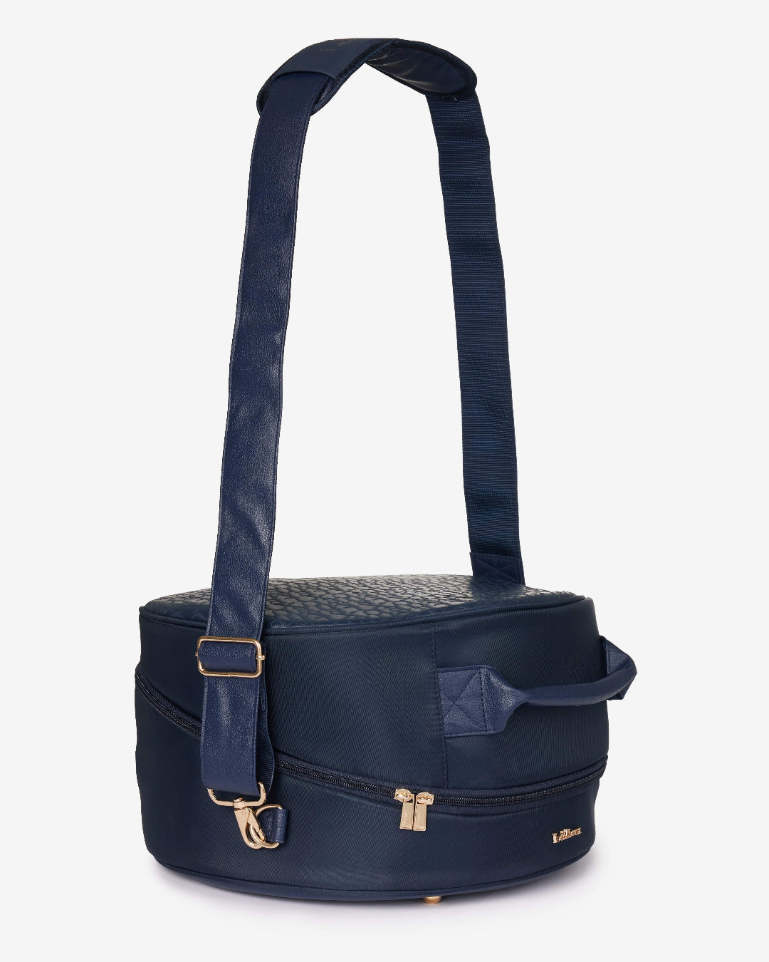 LeMieux Luxe Helmet Bag - Navy; shown with shoulder strap extended | Equestrian Luggage | Malvern Saddlery