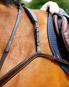 LeMieux Bridge Breastplate - Havana Brown, shoulder/withers details shown on chestnut horse with reins & other tack | Bridle Accessories | Malvern Saddlery