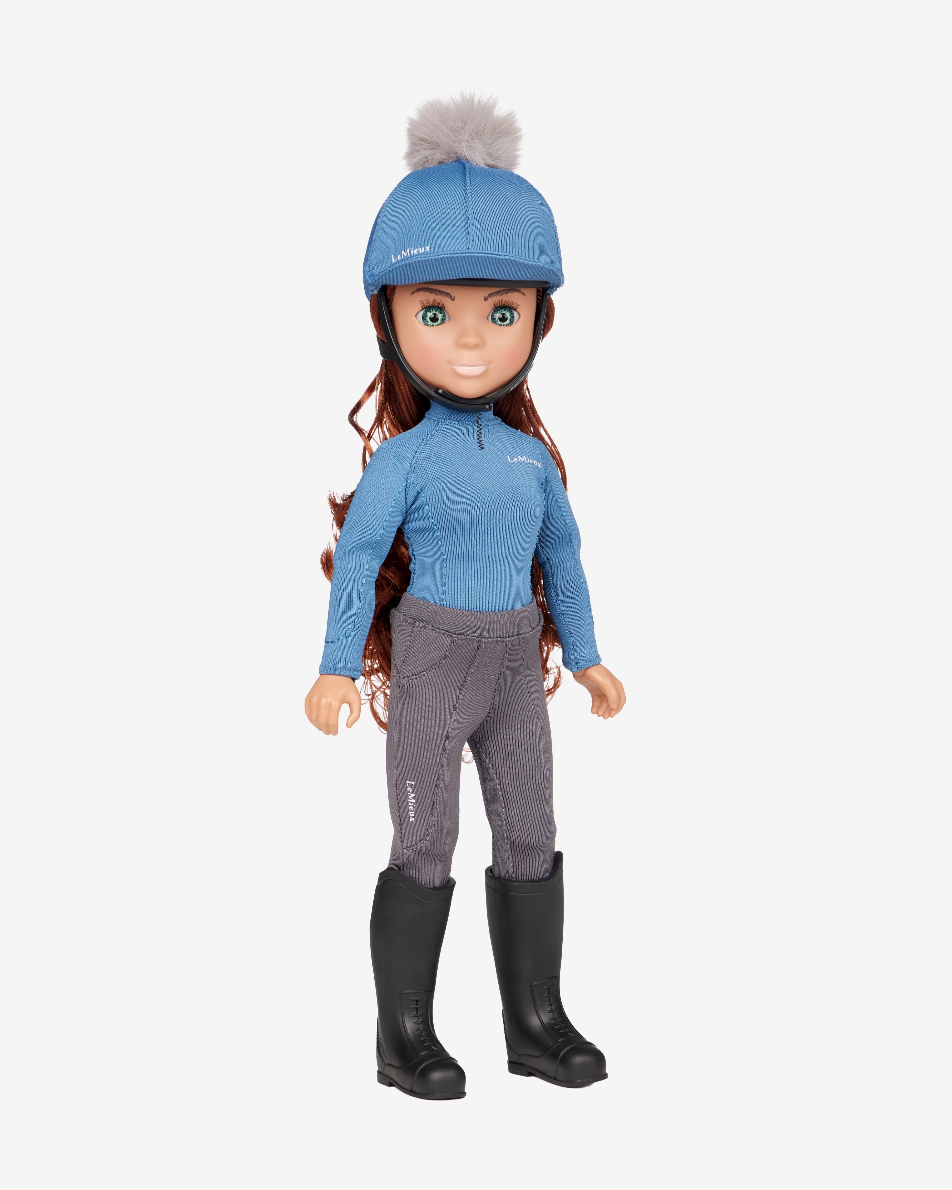 LeMieux Toy Pony Rider Doll - Olivia  wearing equestrian attire with a blue helmet, jacket, and gray pants on a white background | Equestrian Gifts | Malvern Saddlery