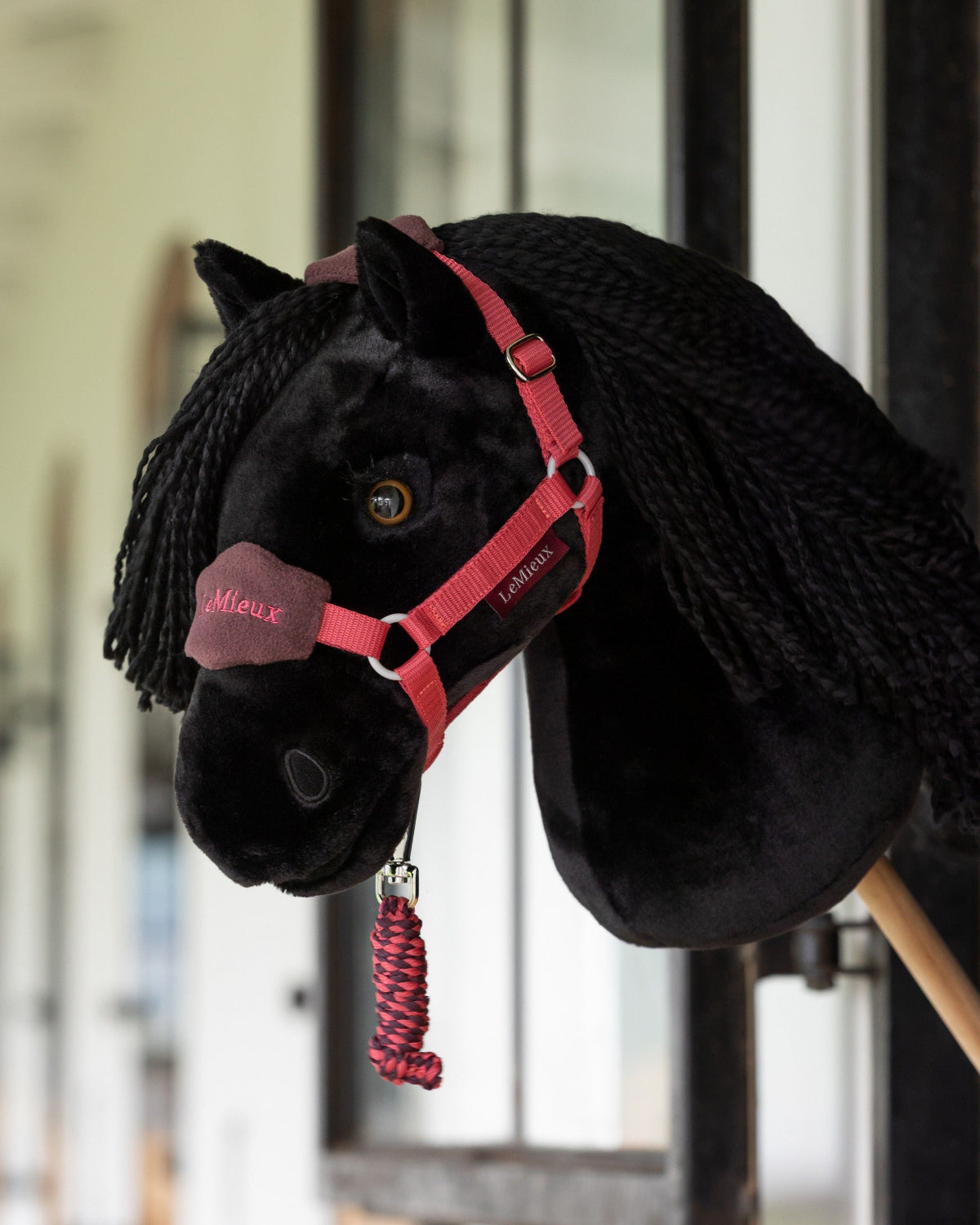LeMieux Hobby Horse Vogue Halter & Leadrope - Cranberry/Damson Red shown on Hobby Horse | Equestrian Children's Toys | Malvern Saddery