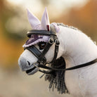 LeMieux Toy Pony Ear Bonnet - Lilac Purple, shown on toy pony outdoors | Malvern Saddlery