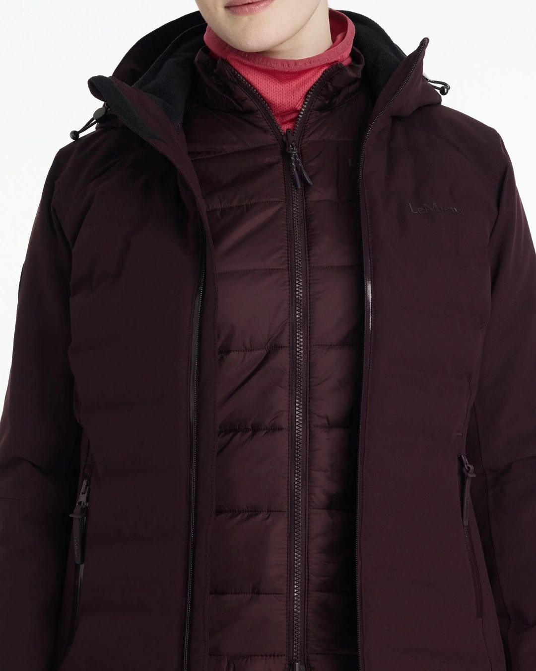 LeMieux Brooke Waterproof Hybrid Jacket - Damson [maroon] - shown on woman inner zipper detail | Ladies' Outerwear | Malvern Saddlery