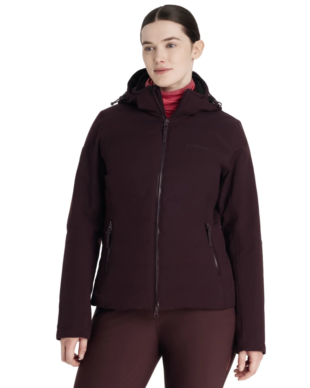 LeMieux Brooke Waterproof Hybrid Jacket - Damson [maroon] - shown on woman white background | Ladies' Outerwear | Malvern Saddlery