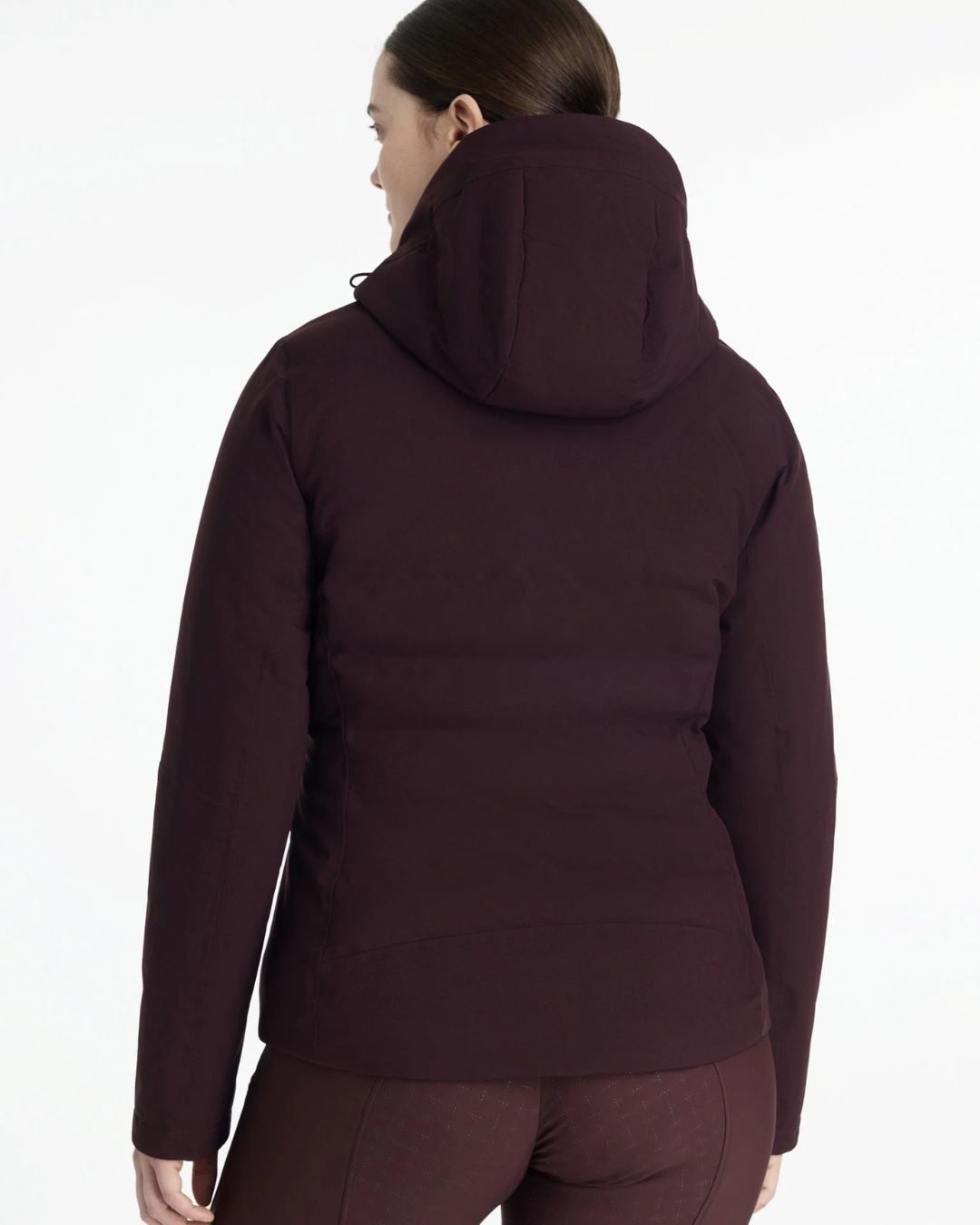 LeMieux Brooke Waterproof Hybrid Jacket - Damson [maroon] - shown on woman back view, white background | Ladies' Outerwear | Malvern Saddlery