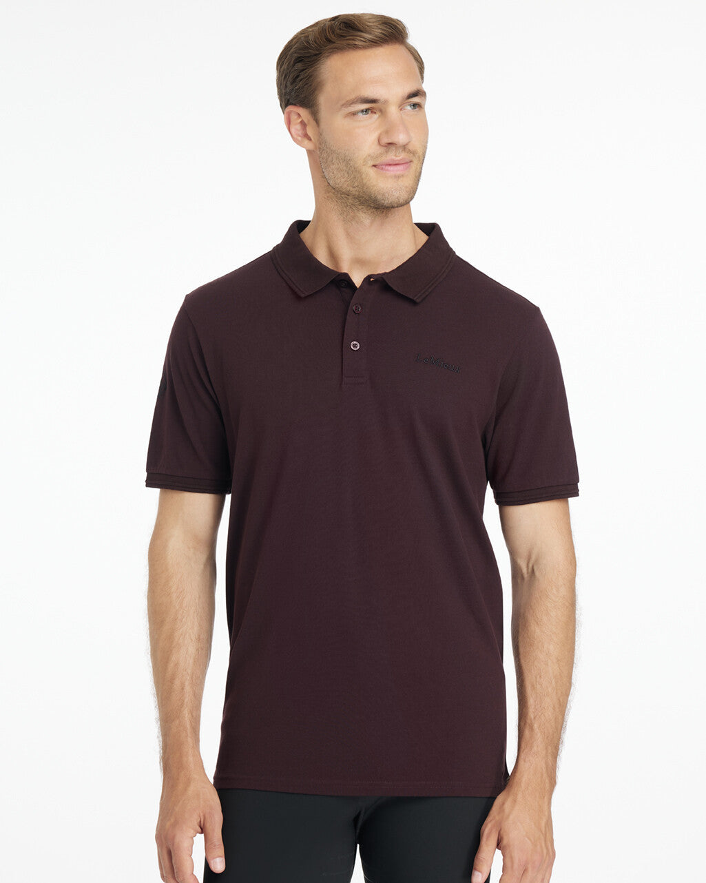 LeMieux Men&#39;s Classique Polo Shirt - Damson Red - shown on model with white background | Men&#39;s Athletic Wear | Malvern Saddlery