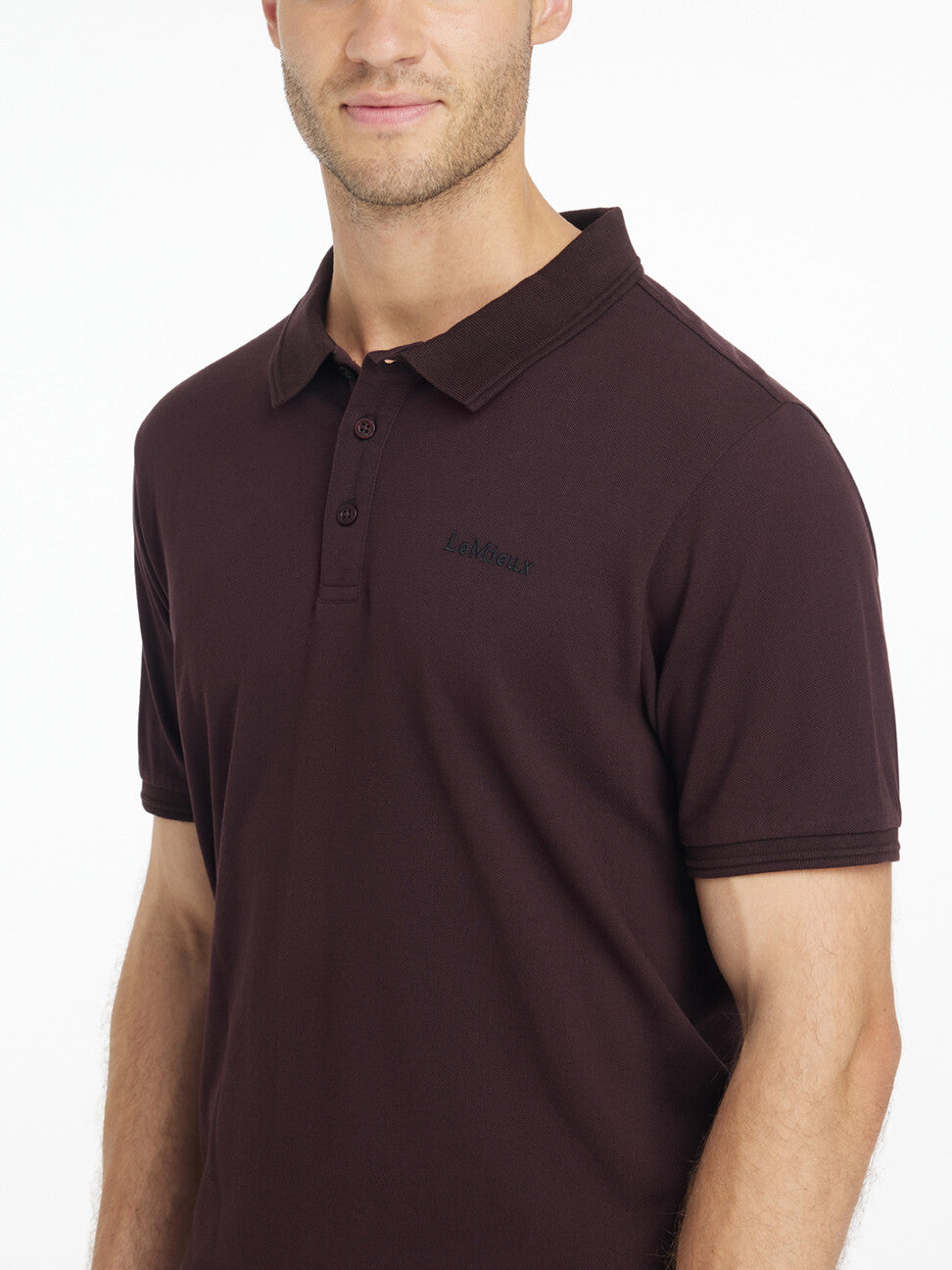 LeMieux Men's Classique Polo Shirt - Damson Red - shown on model with white background | Men's Athletic Wear | Malvern Saddlery