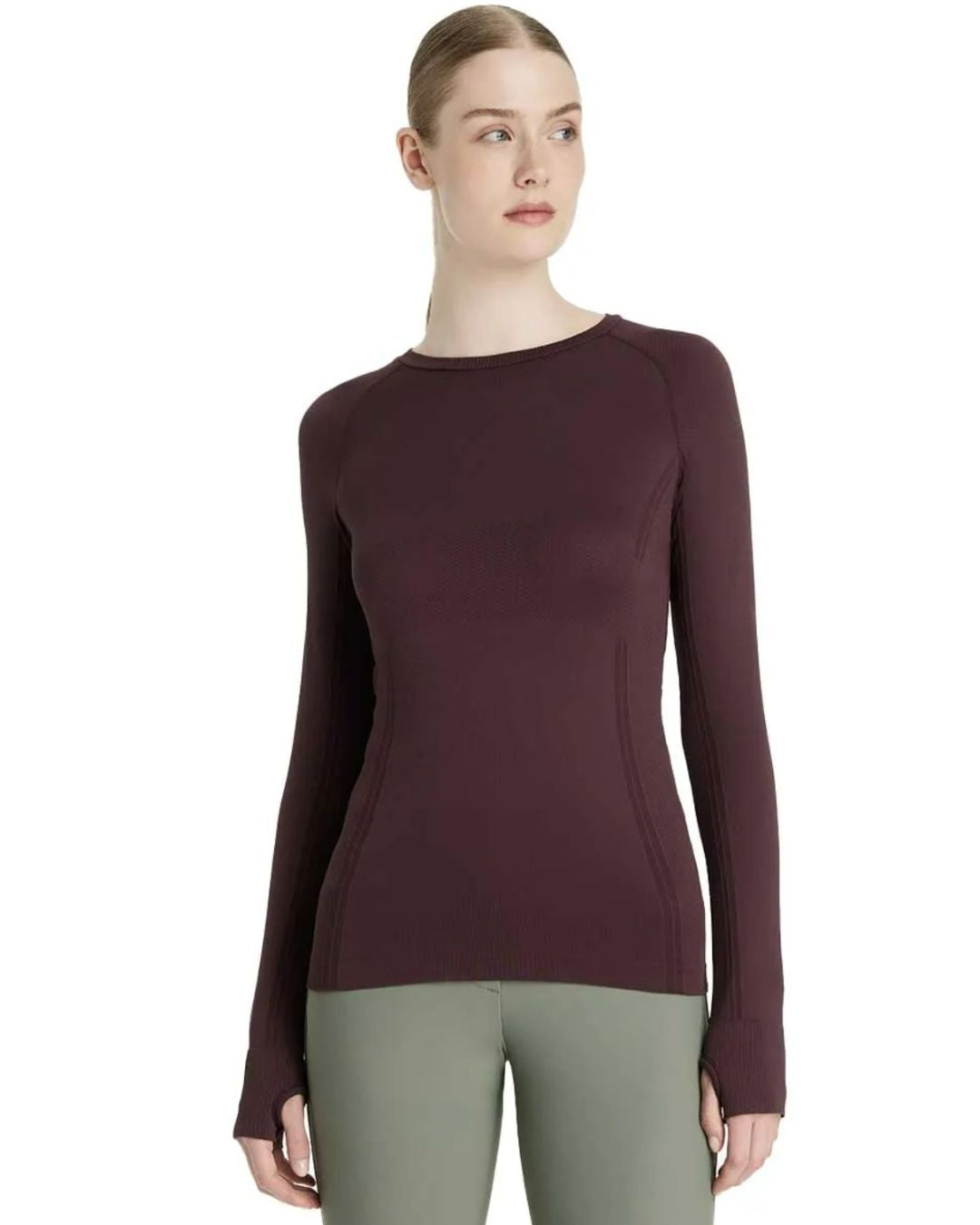 LeMieux Britney Seamless Long Sleeve Top - Damson [maroon] on woman on white background | Ladies Activewear | Malvern Saddlery