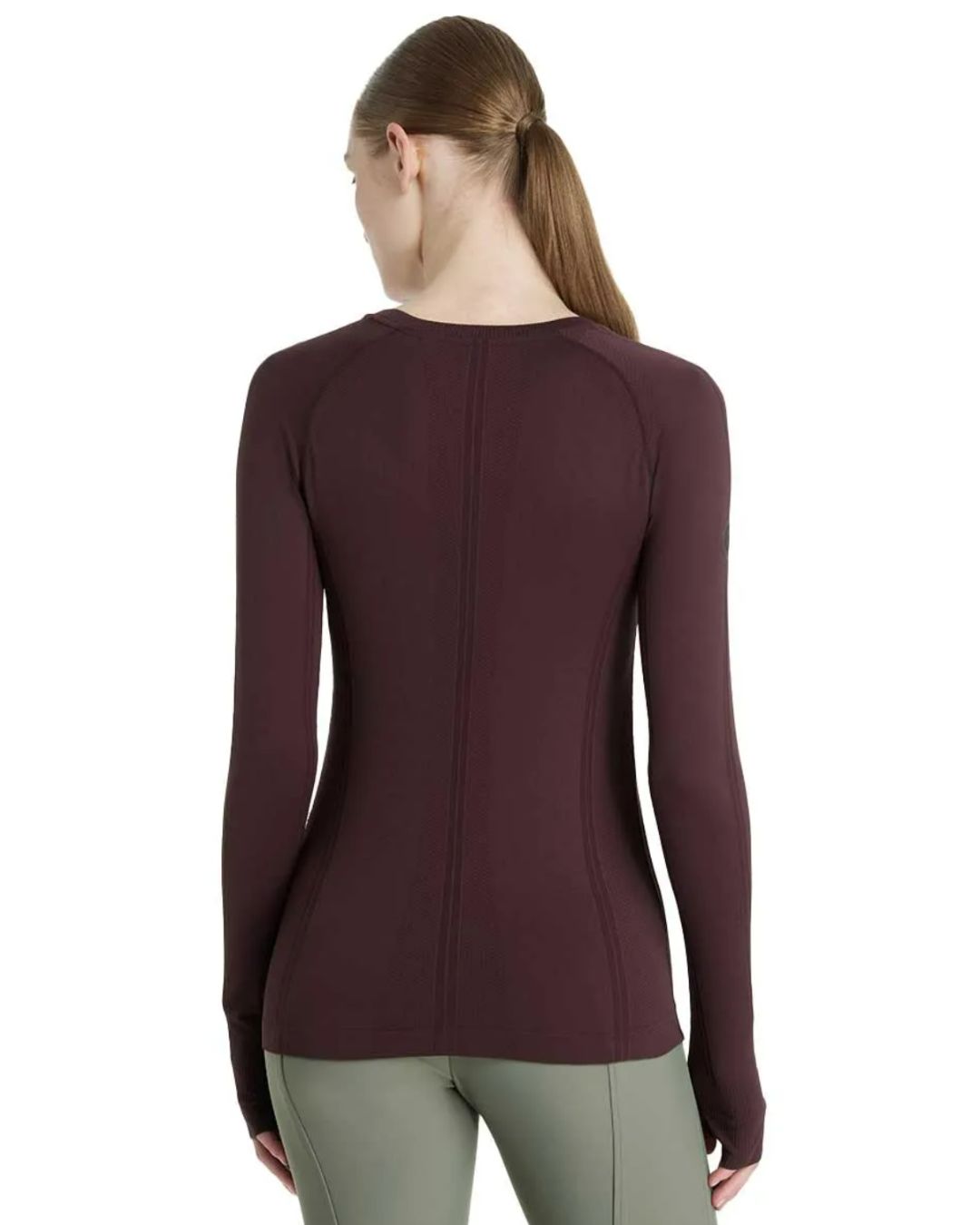 LeMieux Britney Seamless Long Sleeve Top - Damson [maroon] back view on woman on white background | Ladies Activewear | Malvern Saddlery