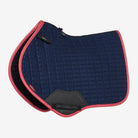 LeMieux Suede Close Contact -Navy blue saddle pad with Cranberry red/pink border on a white background | Malvern Saddlery