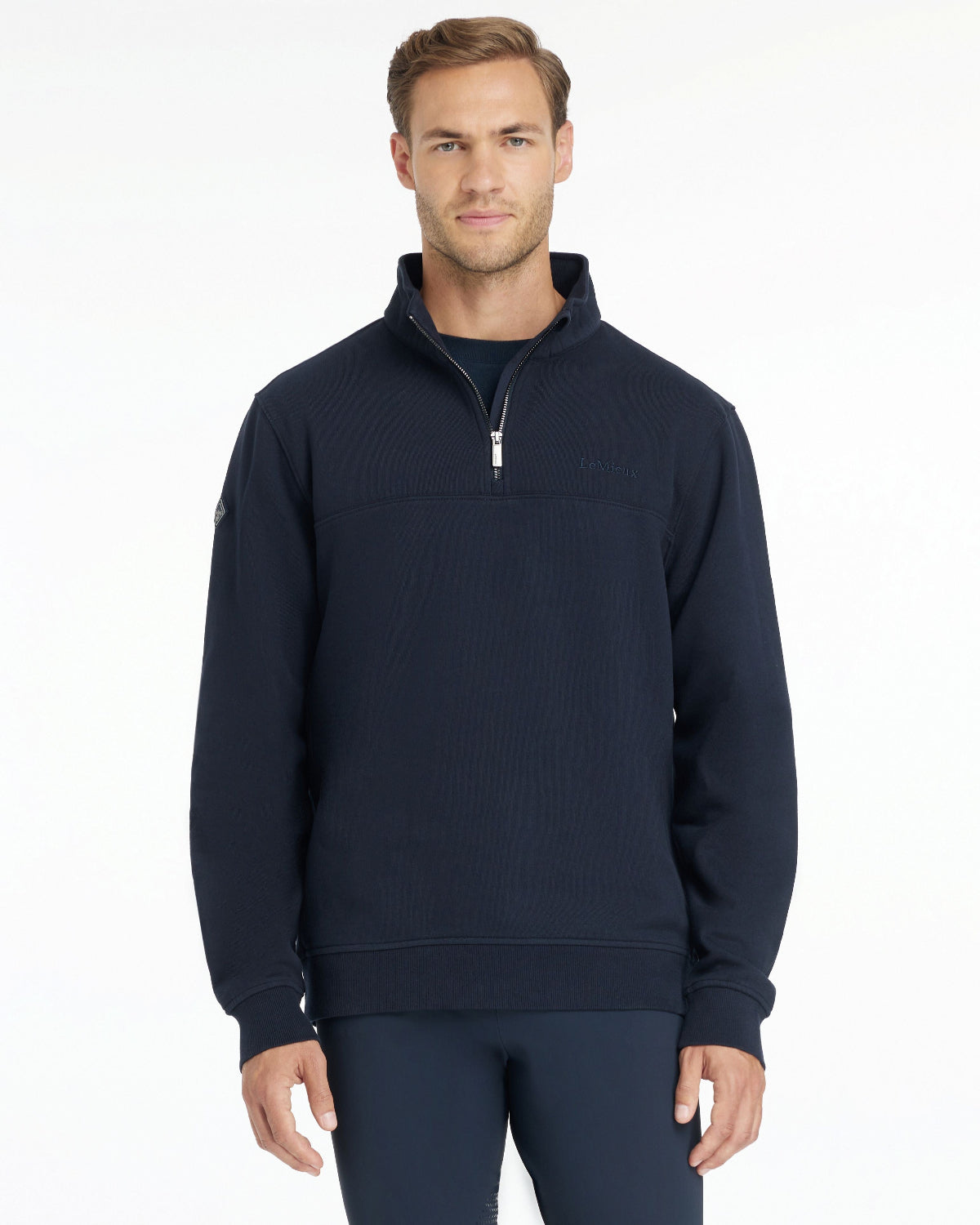 LeMieux Men's Quarter Neck Sweatshirt - Navy, shown on man  | Malvern Saddlery