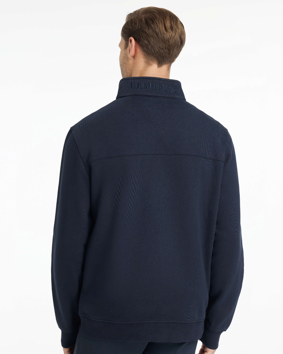 LeMieux Men's Quarter Neck Sweatshirt - Navy, back view shown on man  | Malvern Saddlery