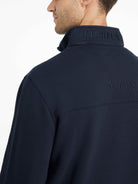 LeMieux Men's Quarter Neck Sweatshirt - Navy, back/collar detail shown on man  | Malvern Saddlery