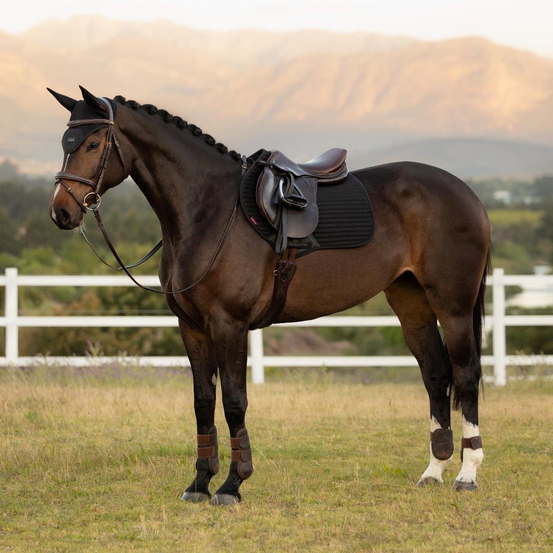 LeMieux Air-Tek Close Contact Square - Black; shown on horse with saddle, blurred outdoor background | Jumper Saddle Pads