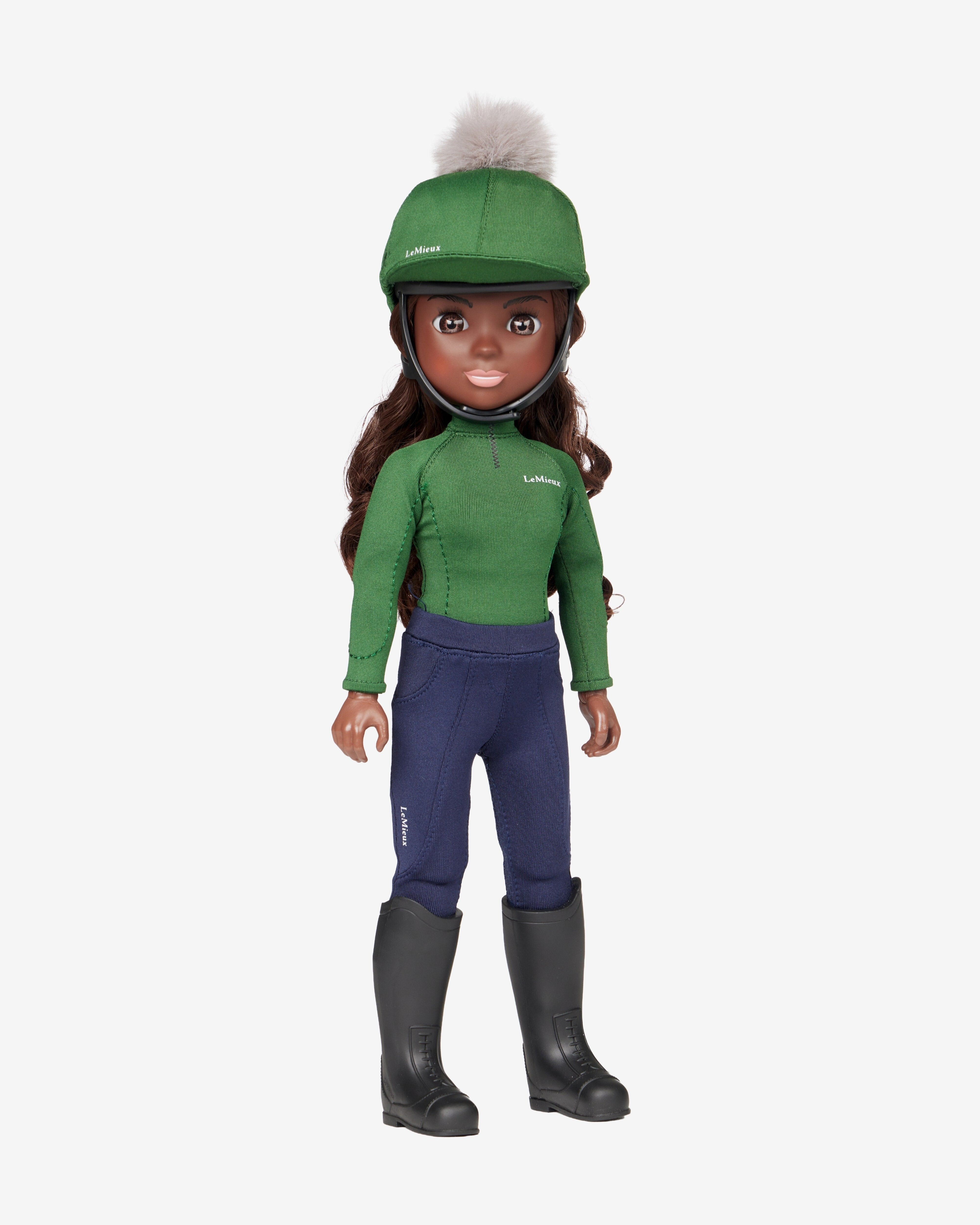 LeMieux Toy Pony Rider Doll - Maya, wearing a green equestrian outfit with a helmet on a white background | Malvern Saddlery