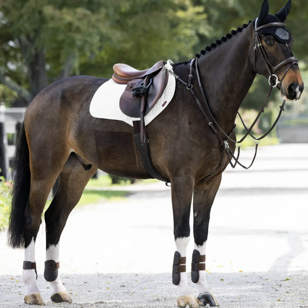 LeMieux ProSorb Plain 2 Pocket Close Contact Square Saddle Pad - White, on horse with saddle and other tack, outdoor background | Tack Shop | Malvern Saddlery