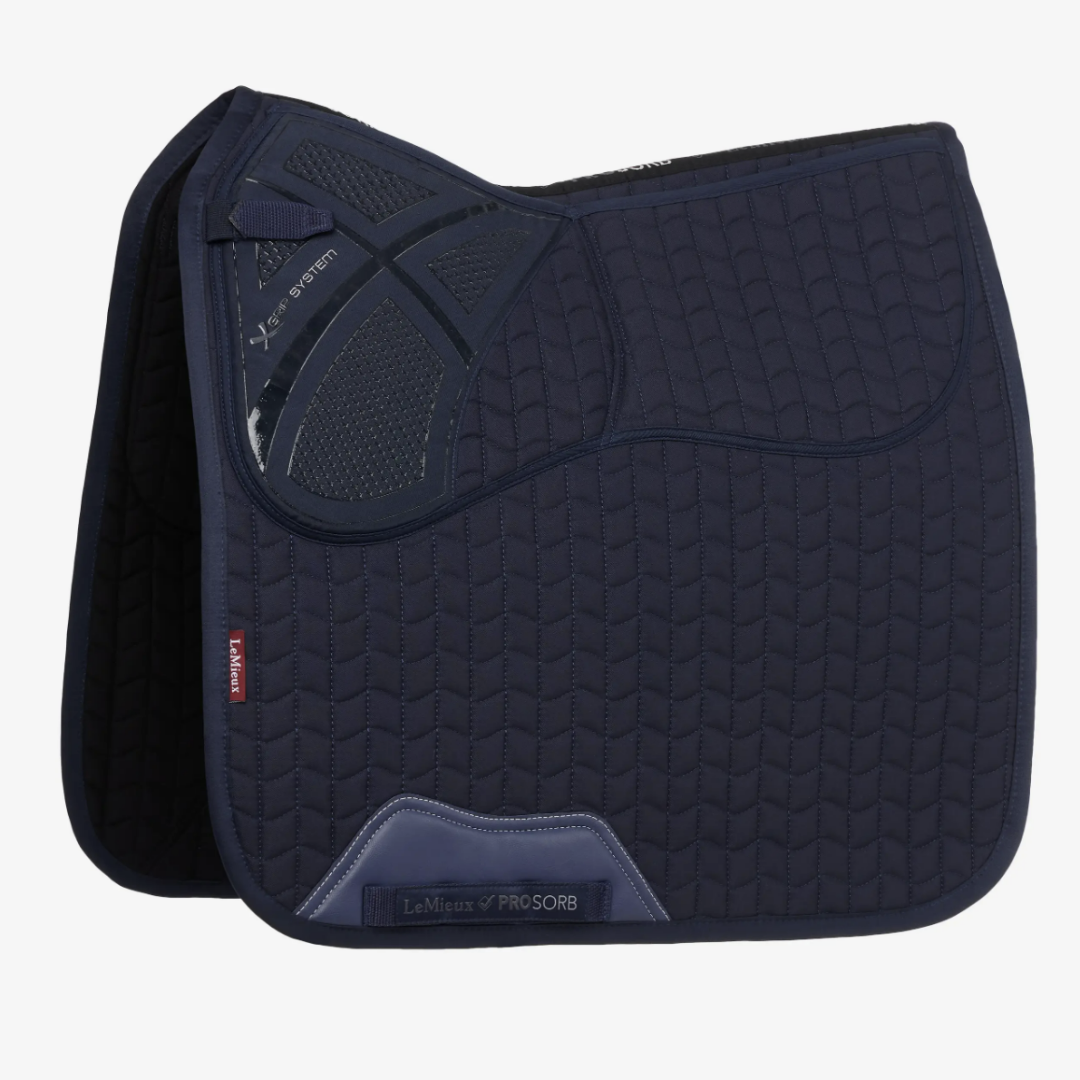 LeMieux ProSorb Plain 2 Pocket Dressage Square Saddle Pad - Navy, white background | Tack Shop | Malvern Saddlery