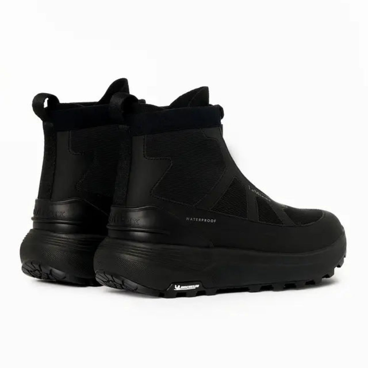 Rear view of black LeMieux Cavara Performance High Top Trainers showing heel counters, Michelin outsoles, and waterproof build.