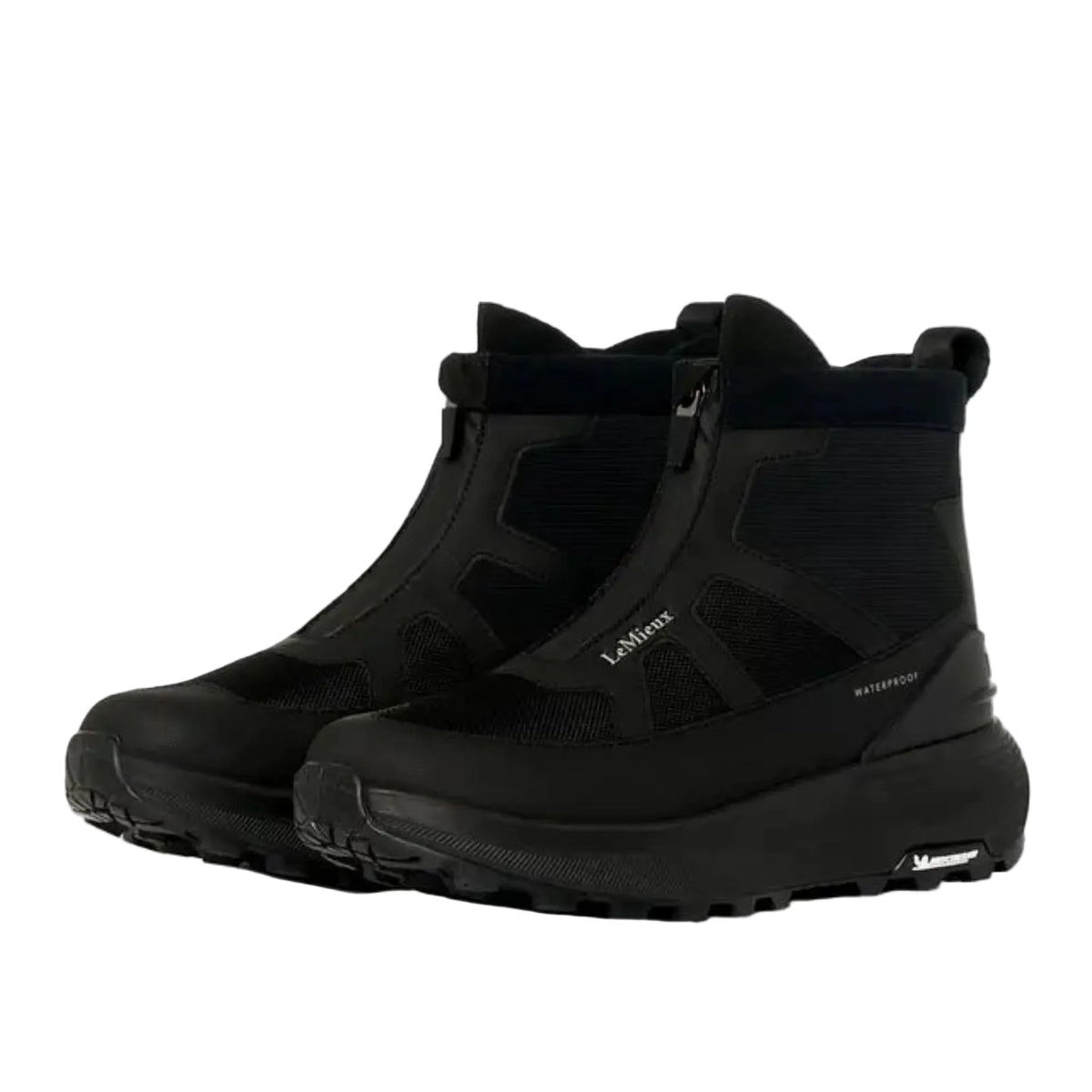 Pair of black LeMieux Cavara Performance High Top Trainers, waterproof equestrian barn shoes with Michelin rubber outsoles and front zip closure.