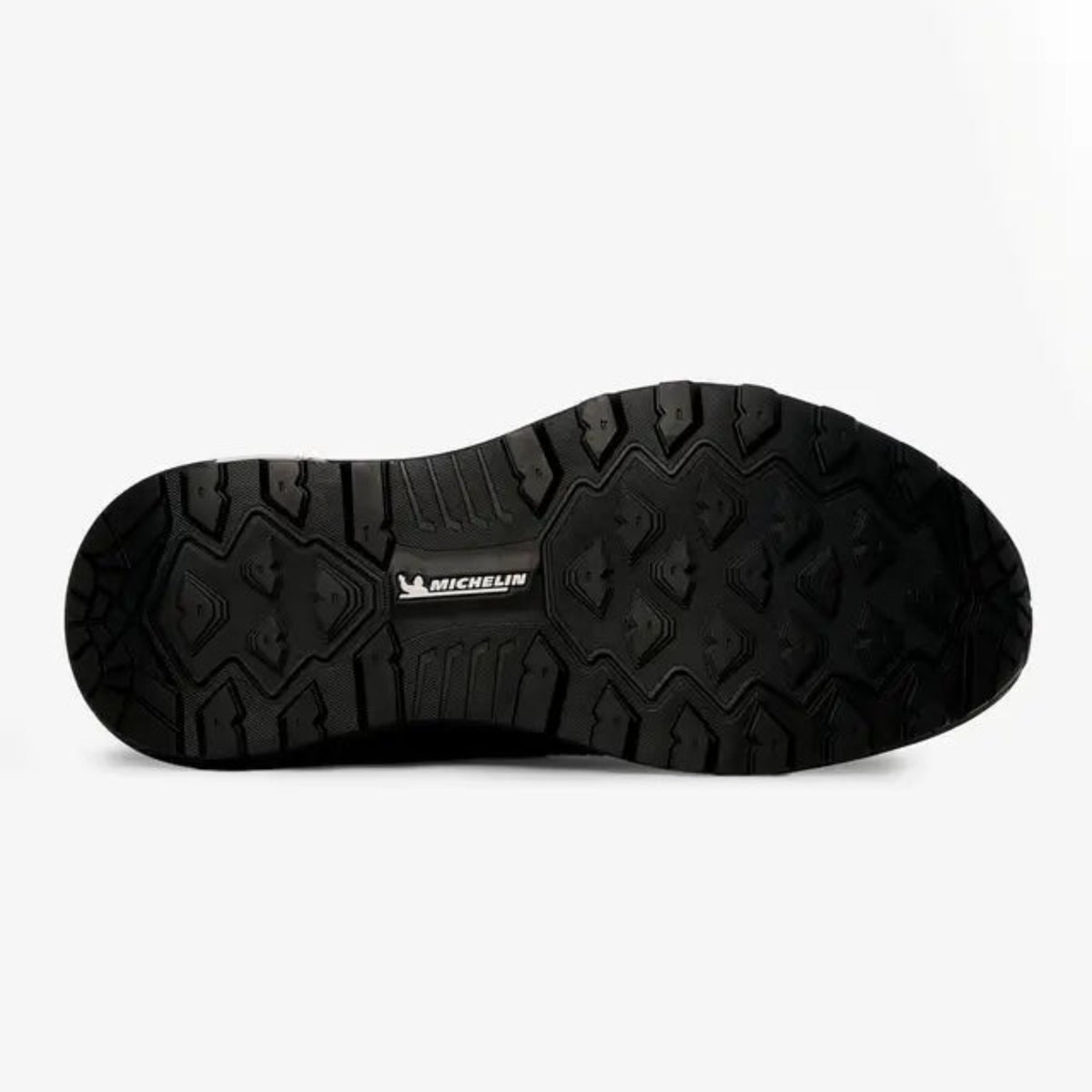 Bottom sole view of black LeMieux Cavara Performance High Top Trainer showing slip-resistant Michelin rubber tread pattern.