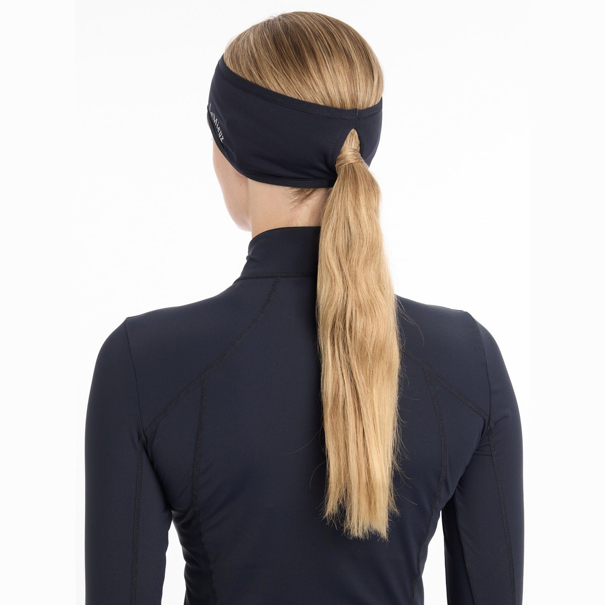 LeMieux Ear Warmer Headband - Indigo, back view with ponytail opening | Malvern Saddlery