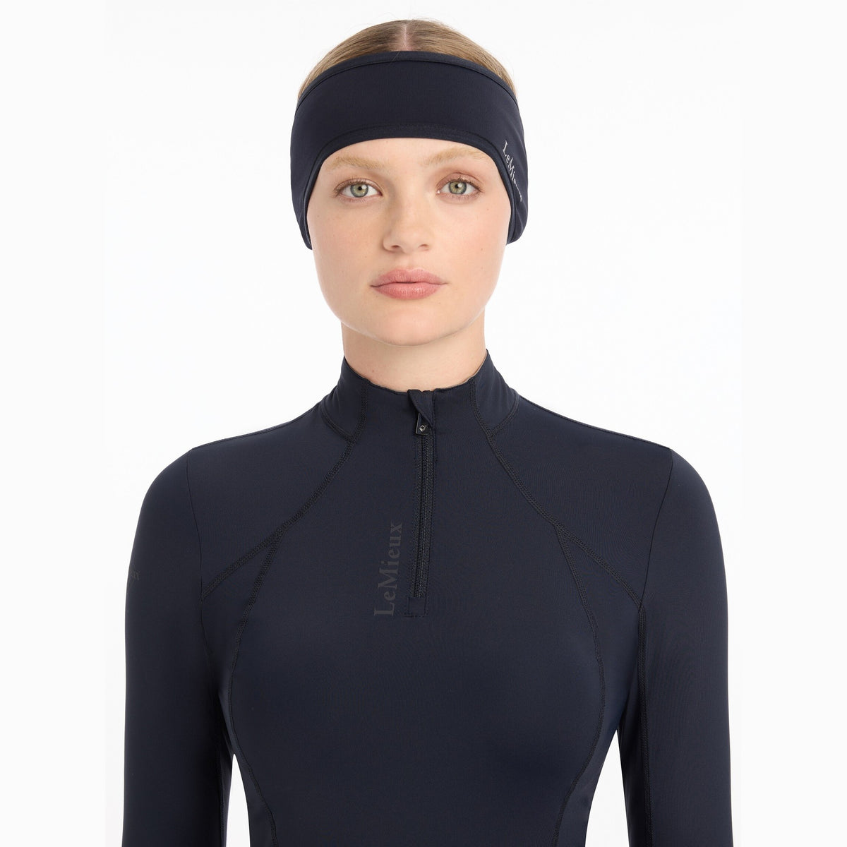 LeMieux Ear Warmer Headband - Indigo, worn, front view | Malvern Saddlery