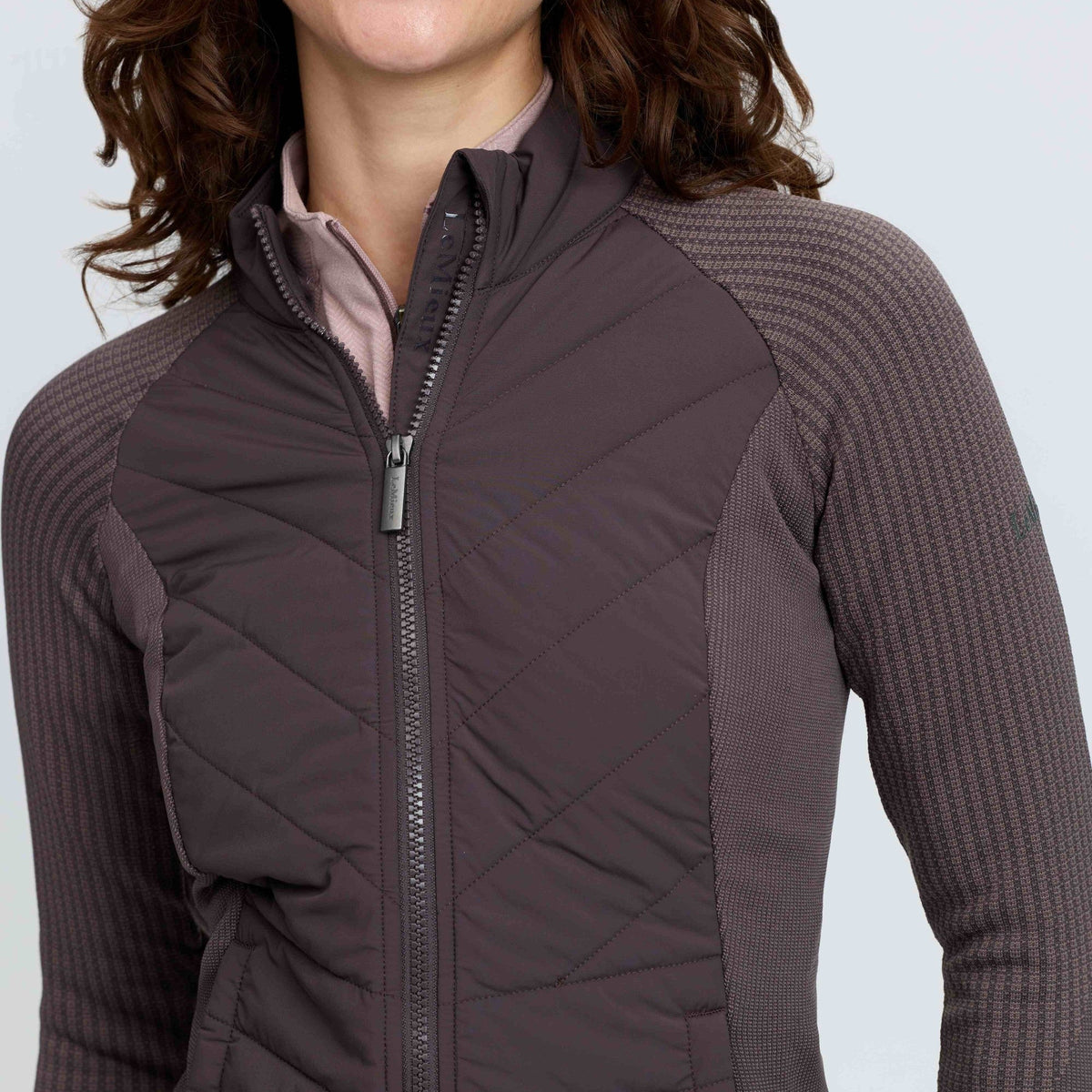 LeMieux Women's Maddie Hybrid Jacket - Cocoa, knit and zip close-up | Malvern Saddlery